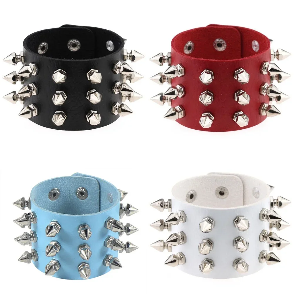 Leather Punk Bracelet - Delysia king bracelet punk unisexe en cuir bijou avec trois nucleobalm pidal spikes rivet stud large - Tenue de festival