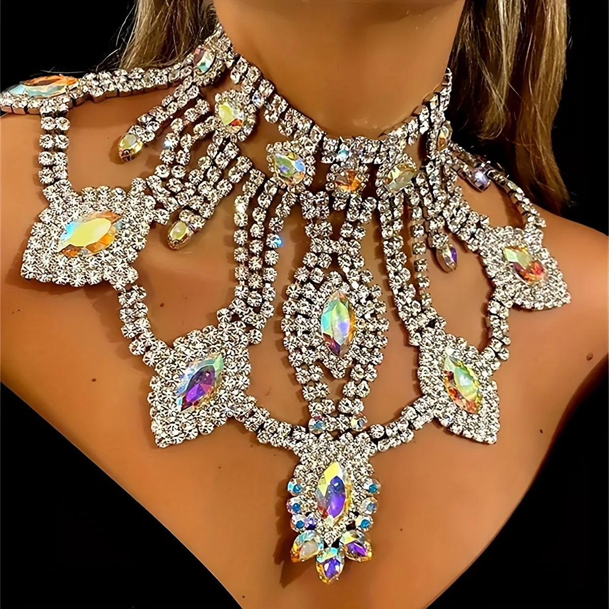 Large Crystal Pendant Necklace - Grand collier pendentif en cristal ab exag r pour femme luxe brillant patients f te de - Tenue de festival