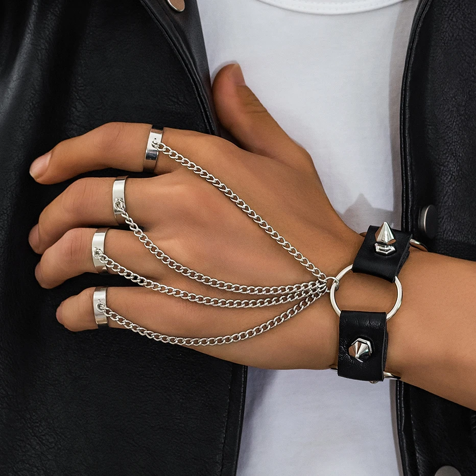 Bracelets en cuir punk avec anneaux - Ingmark bracelets de poignet en cuir pu noir vintage unisexe bijoux grunge cadeau steampunk pour homme - Ropa de festival