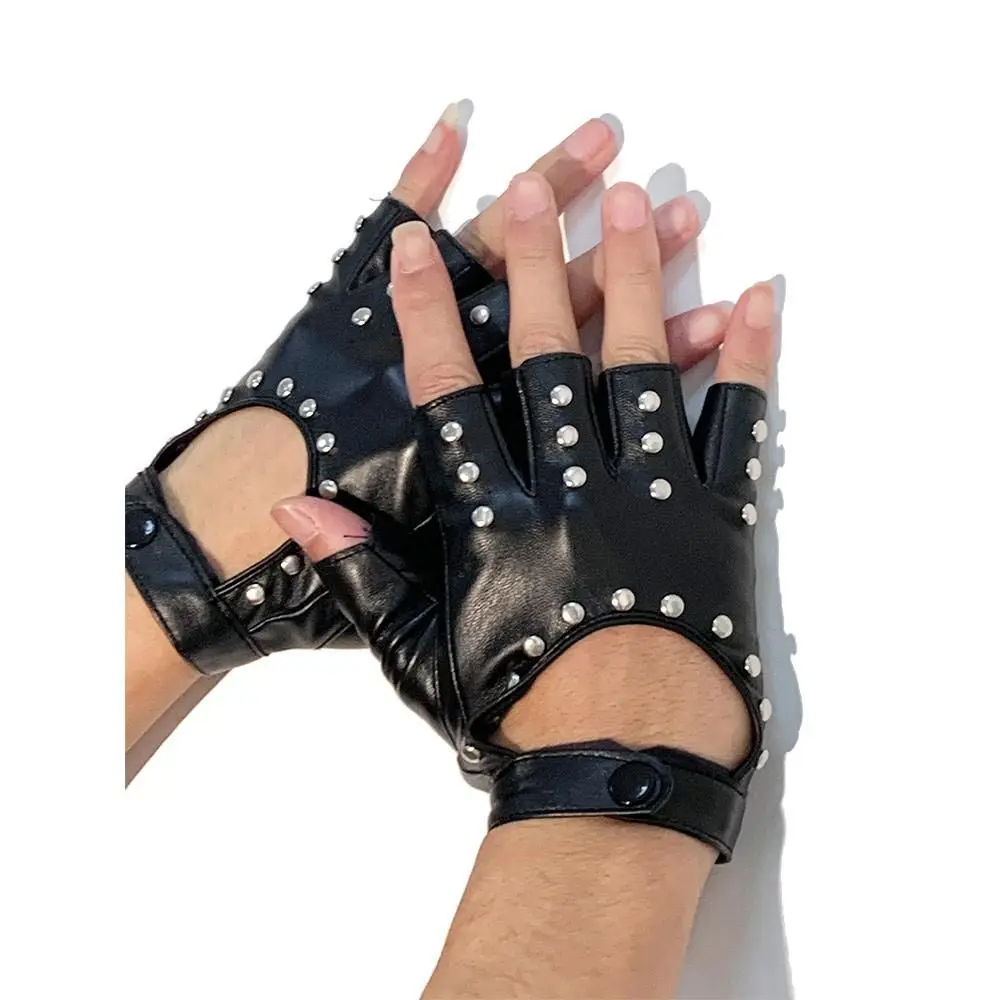 Leather mittens with metal - Kf s ef c e ba a a bda ef gants sans doigts en cuir pu noir pour femme demi doigt conduite mode punk brev halloween - Tenue de festival