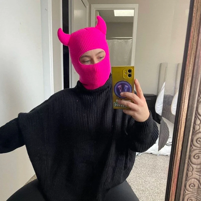 Cagoule diable - Kf s f b cafad b ddaq y k cagoule avec oreilles de monstre masque de ski bonnet solide avec d cor en corne - Ropa de festival