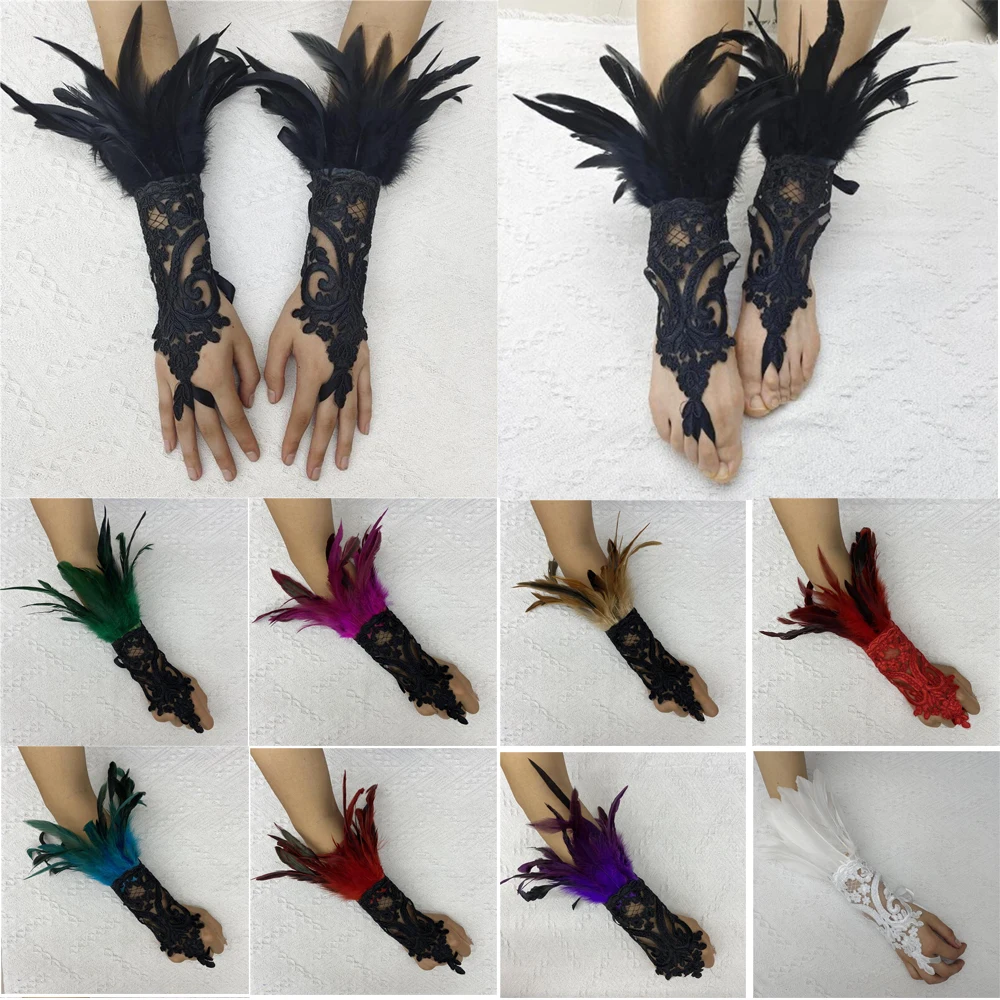 Long Lace Feather Gloves - Kf s dca e f de fcca a e ce m gants longs gothiques en plumes de dentelle pour femmes mitaines sexy manchon en maille crochet de - Ropa de festival