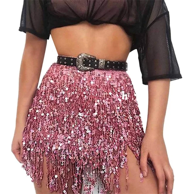 Women's Sequin Mini Skirt - Kf sa ff c f dca c f ean mini jupe franges paillet es pour femmes jupes de ventre sexy bretelles de taille r glables - Tenue de festival