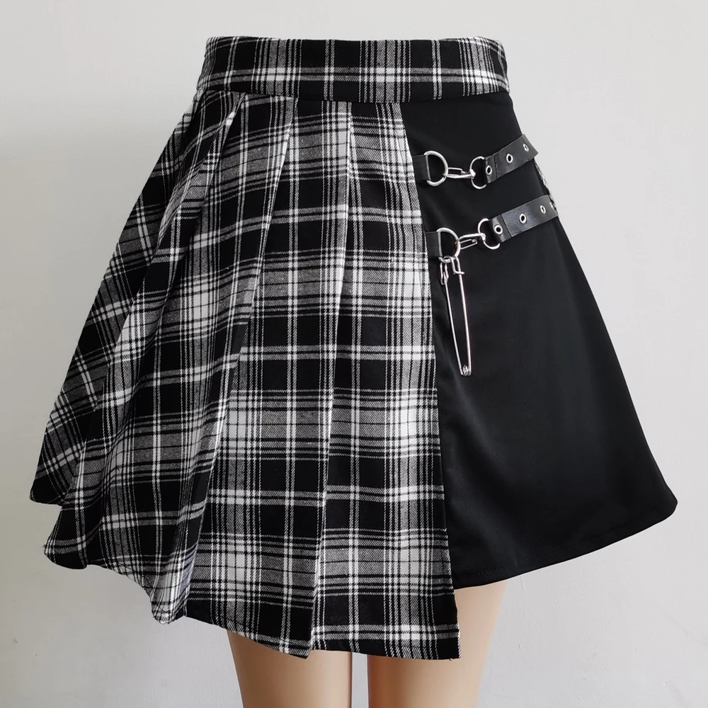 Gothic Plaid Mini Skirt - Kf sbc dbc b bca bb fb an mini jupe patineuse pliss e taille haute pour femme d coupe asym trique punk irr guli - Tenue de festival