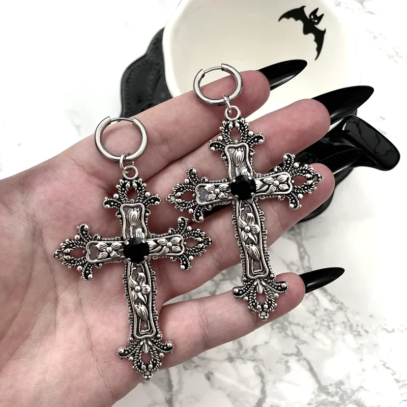 Boucles d'oreilles gothiques avec une croix - Kf abe a a aa c a ed c efcft grandes boucles d oreilles gothiques en argent avec bijou croix bijoux de no l magnifiques punk - Ropa de festival