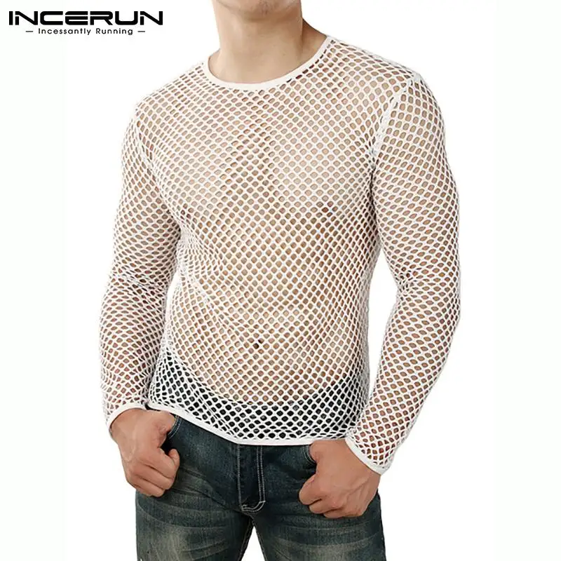 T-shirt en maille à manche longue - Kf h ec d ec c c c abd x incerun t shirt manches longues en maille transparente pour hommes conomie col rond streetwear sexy mode - Ropa de festival