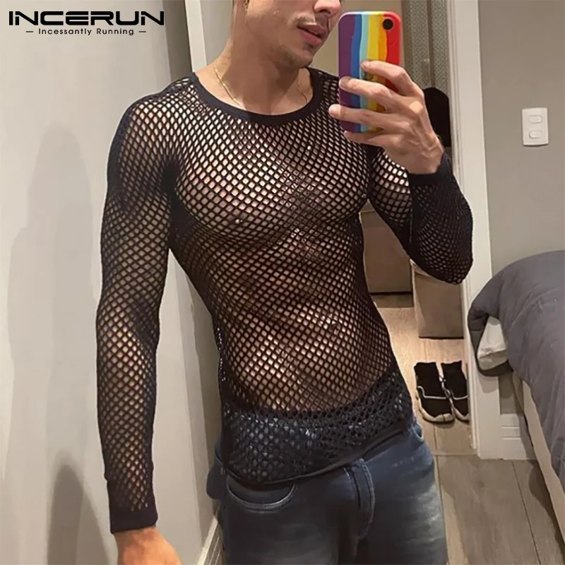 Long-sleeve mesh T-shirt - Kf h fb bd c bd c a bfc u incerun t shirt manches longues en maille transparente pour hommes conomie col rond streetwear sexy mode - Tenue de festival