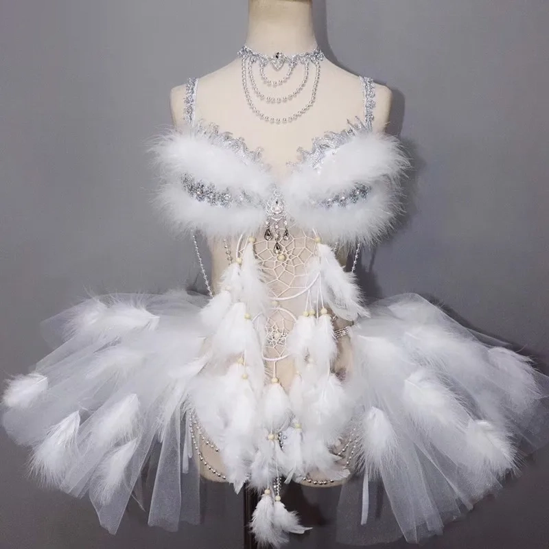 Robe ajourée en plumes blanches - Kf htb vzhyx jvk rjsspiq aeqxxal jupe bulles citrobikini en plumes blanches tenue sexy de sc ne de discoth que de bar - Ropa de festival