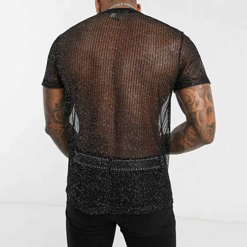 T-shirt en maille à manches courtes - Kf s f c d a da dd b cq t shirt en maille manches courtes pour hommes coupe couvertes brillant sexy transparent f te bo - Ropa de festival