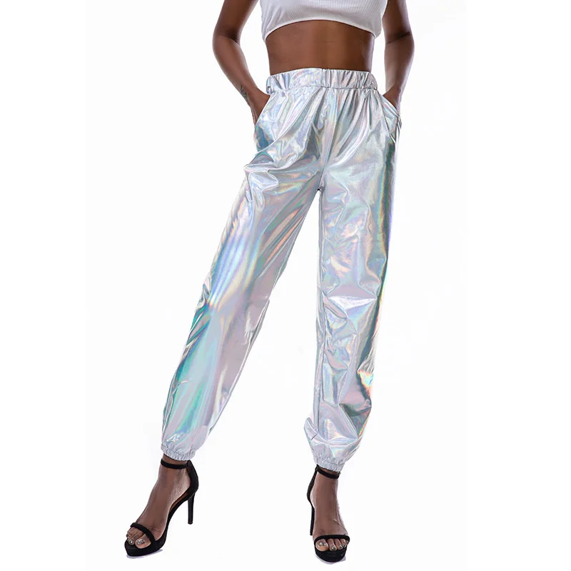 Pantalon holographique - Kf s a fd fd c c ee d s jogging m tallique brillant taille haute pour femme streetwear d contract pantalon de coul e lisse - Ropa de festival