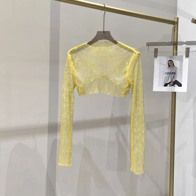 Crop top à paillettes - Kf s df efdde bd a aac g haut court diamant brillant sexy t shirt manches longues slim thin ms hot drill late audinightclub - Ropa de festival