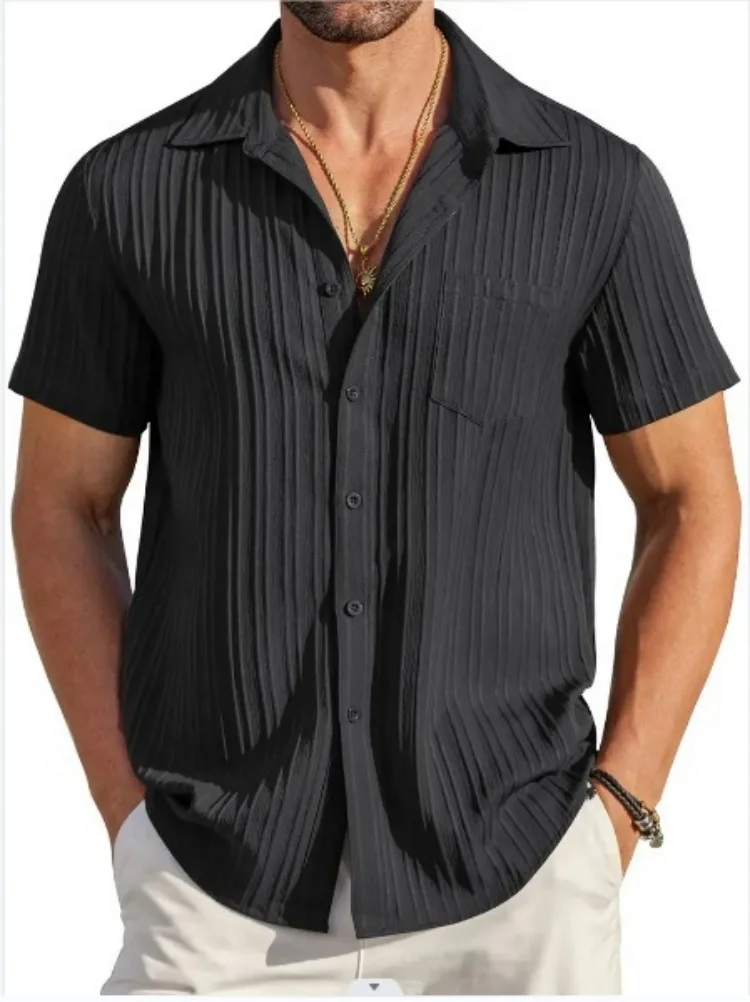 Chemise rayée à manches courtes - Kf s cb a a da ff ccfq chemise jacquard ray e manches courtes pour hommes bande de fosse poche poitrine revers plage ext - Ropa de festival