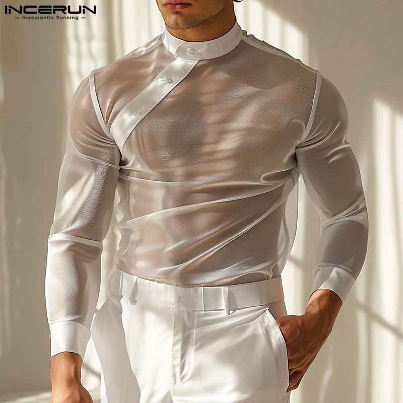 Chemise en maille transparente - Kf s b b eed df t incerun chemise manches sulfpour homme en maille transparente boutonn e surdimensionn e t - Ropa de festival