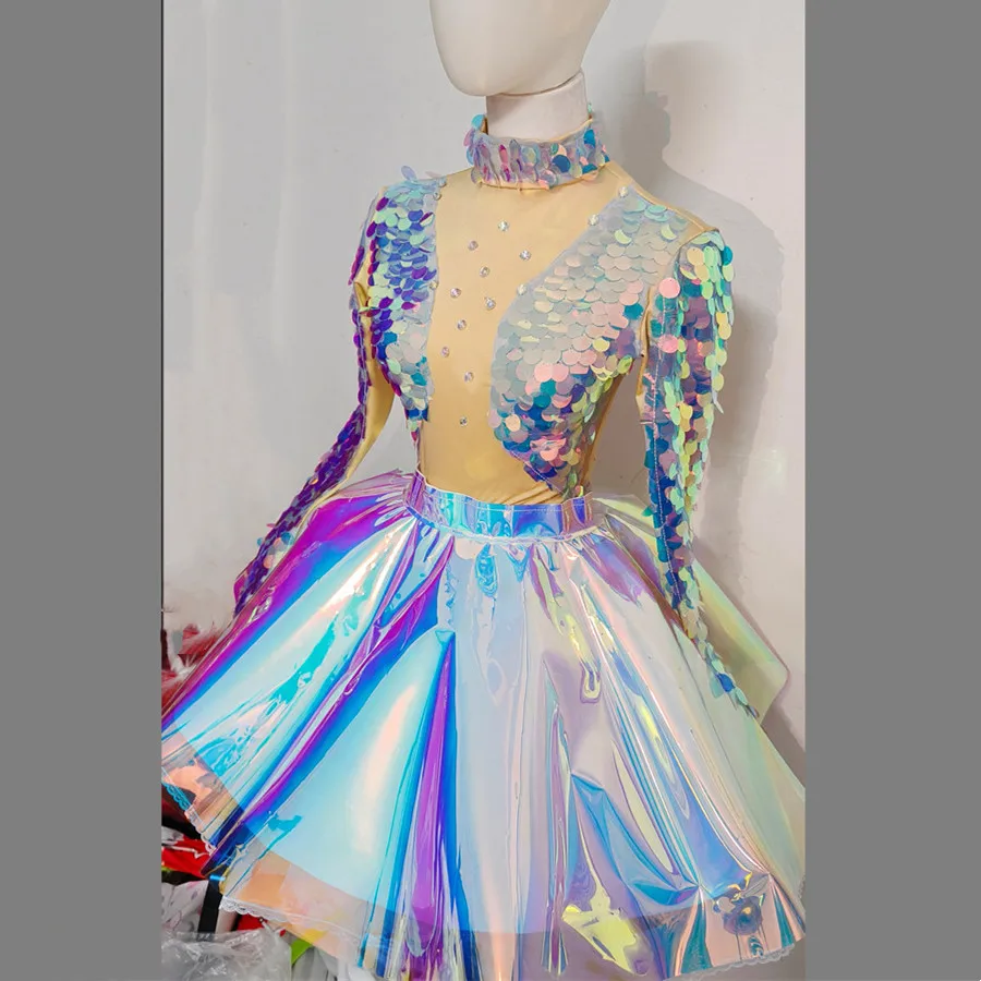 Tenue à paillettes holographique - Kf s d f e a f f ed i costume de batterie paillettes scintillantes pour femmes jupe laser tenue de danse tenue de sc ne - Ropa de festival