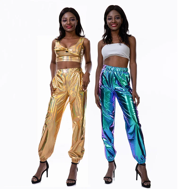 Pantalon holographique - Kf s fbb ad c dc ec f d d jogging m tallique brillant taille haute pour femme streetwear d contract pantalon de coul e lisse - Ropa de festival