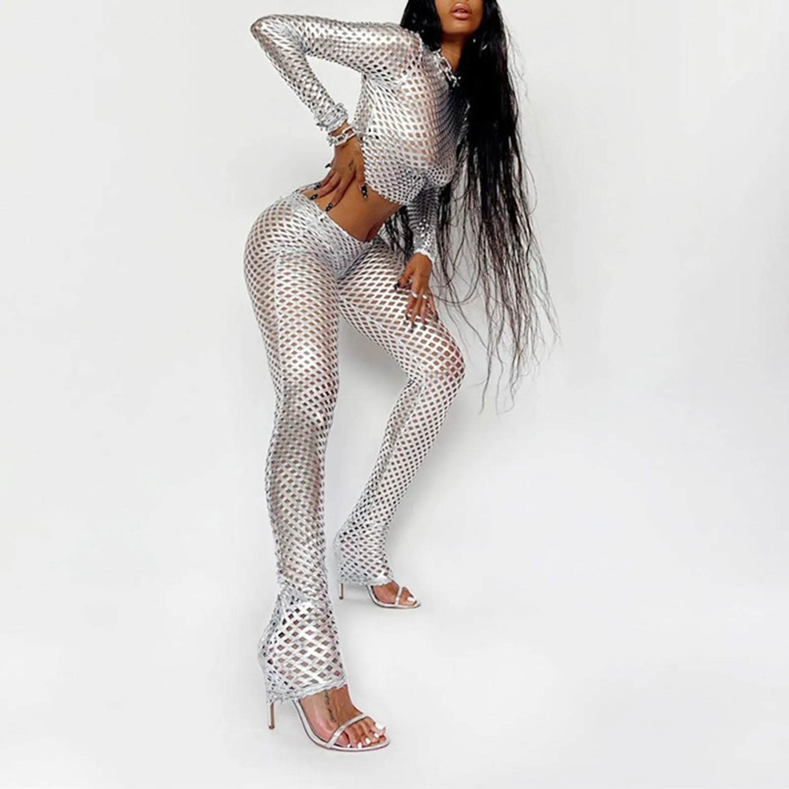 Ensemble deux pièces évidées brillant - Kf s cb be dfe ddb dcc ee ce x ensemble deux pi ces vid es manches longues et col rond haut slim leggings moulants ensembles - Ropa de festival