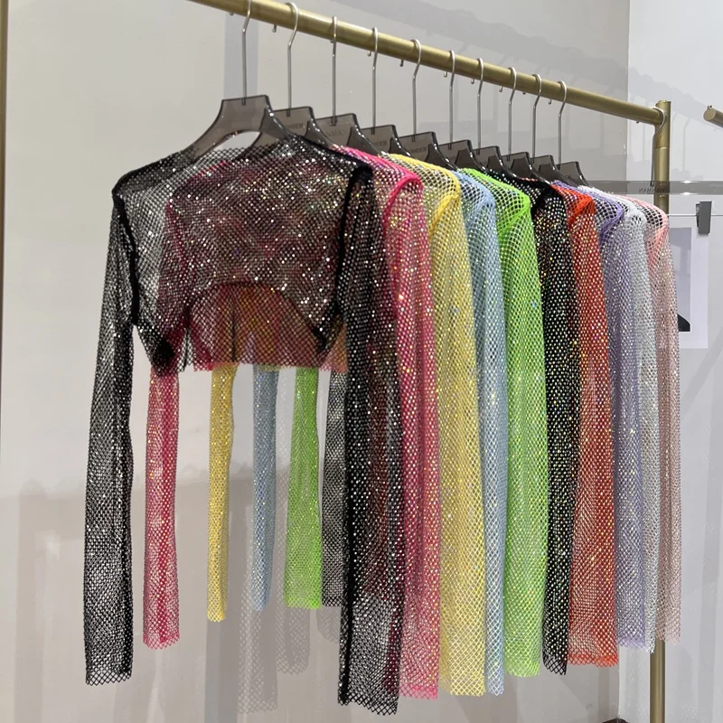 Crop top à paillettes - Kf s bf b aec a e f d b haut court diamant brillant sexy t shirt manches longues slim thin ms hot drill late audinightclub - Ropa de festival