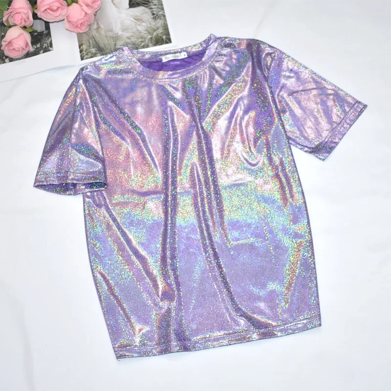 T-shirt effet métal holographique - Kf s e a a f b c b d fd da a t shirt m tallique holographique brillant pour femme col rond manches courtes d contract haut de - Tenue de festival