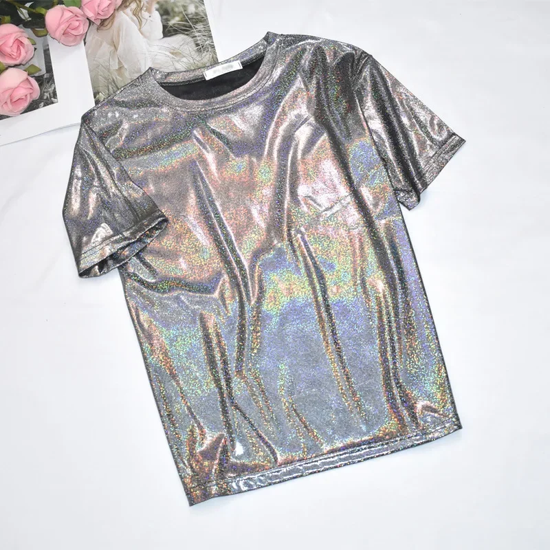 Holographic Metal Effect T-shirt - Kf s a f c db be db d acf c t shirt m tallique holographique brillant pour femme col rond manches courtes d contract haut de - Tenue de festival
