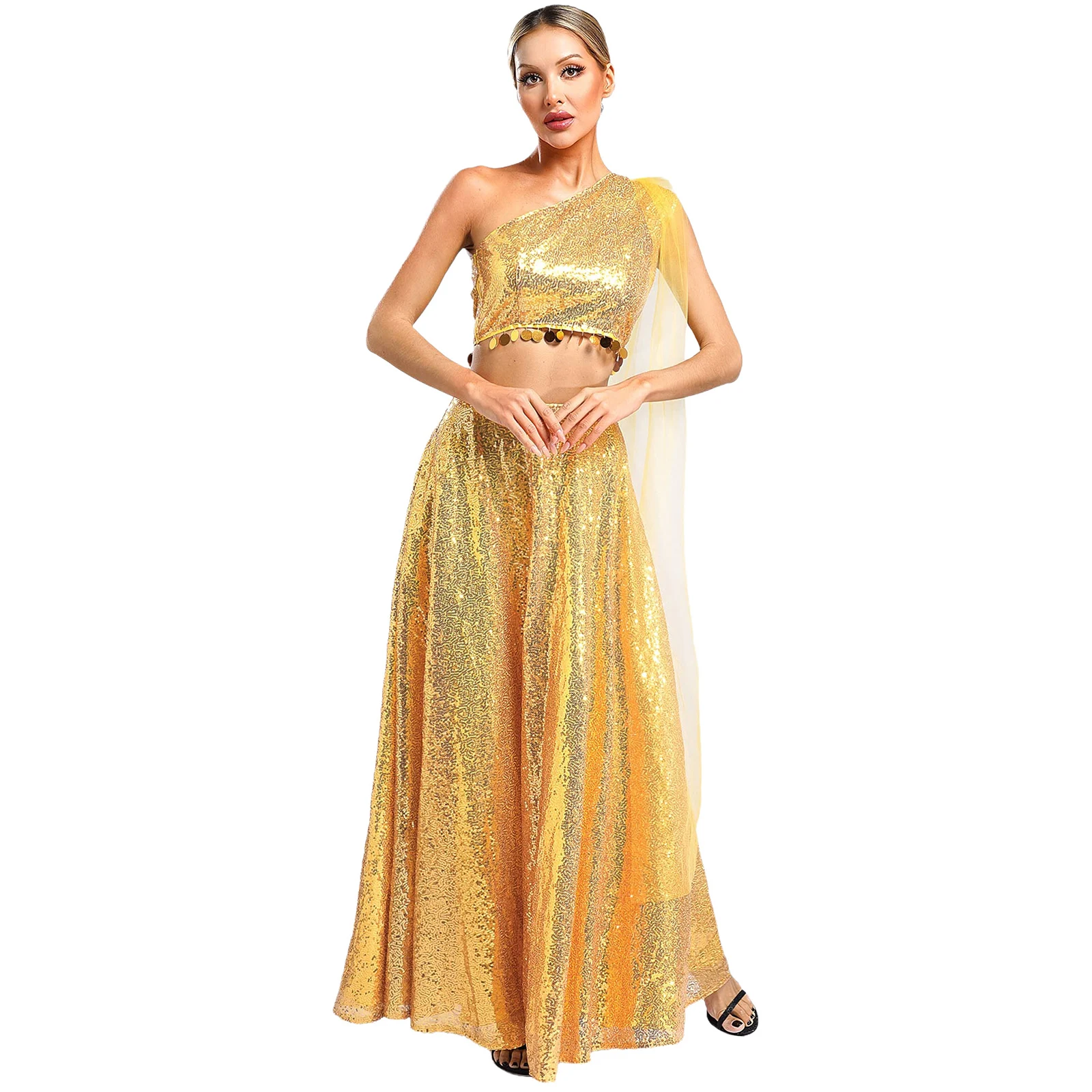 Ensemble de robe de soirée indienne à paillettes - Kf s f ac a d d eb c i ensemble de robe de soir e indienne paillettes pour femme haut court avec saree drap jupe - Ropa de festival