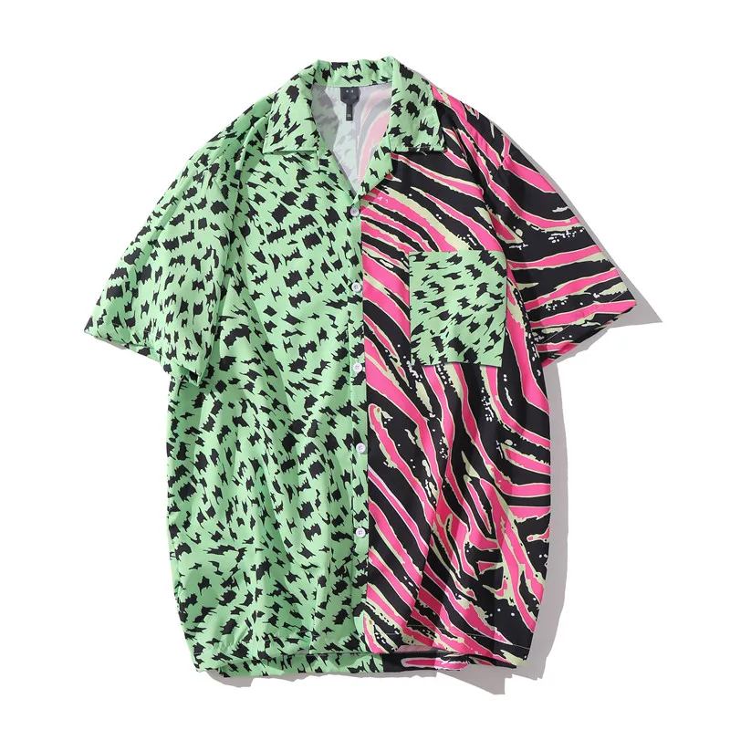 Chemises à motif léopard vert et zèbre rose - Kf sa f edd c dbe c f ab aew chemises hawa ennes l opard vert ic ne fonc e pour hommes haut boutonn pour hommes - Tenue de festival