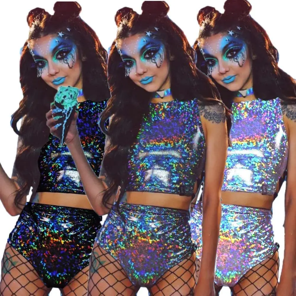 Tenue de festival holographique - Kf sa b d f b a fabb bd f c k tenue de festival holographique pour femme ensemble de pi ces pr cieux en fibres super - Tenue de festival