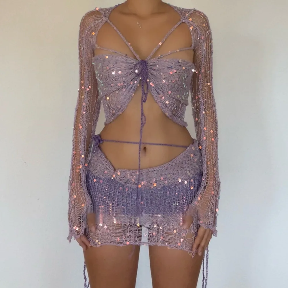 Ensemble à paillettes - Kf sa a b faaa c e r ensemble jupe et robe tricot s paillettes pour femmes crochet avec paillettes court sexy robe l - Tenue de festival