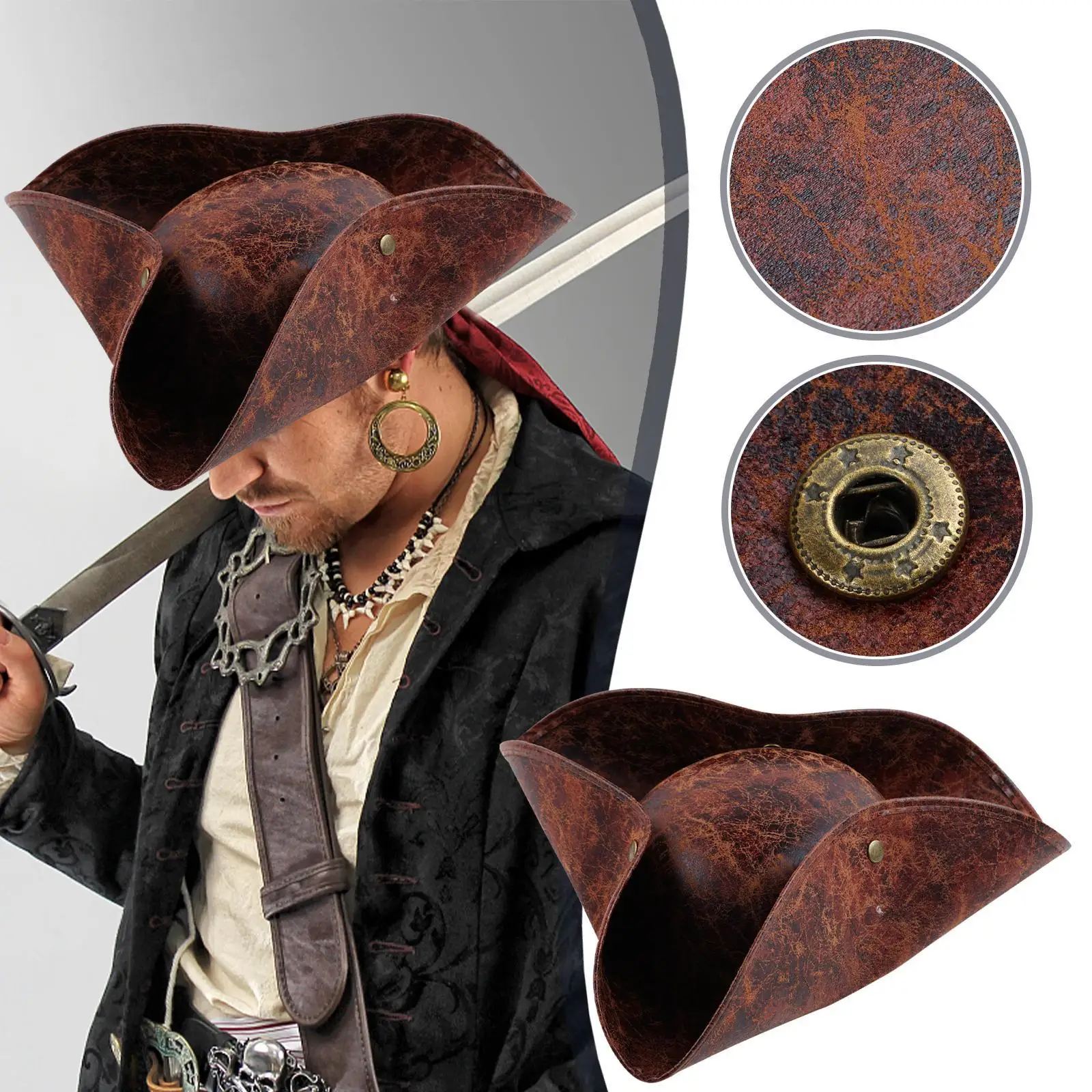 Pirate Captain Hat - Kf sc de d a fc e bd d y chapeau de capitaine marron en similicuir pour hommes et femmes adultes accessoires de costume de cosplay - Tenue de festival