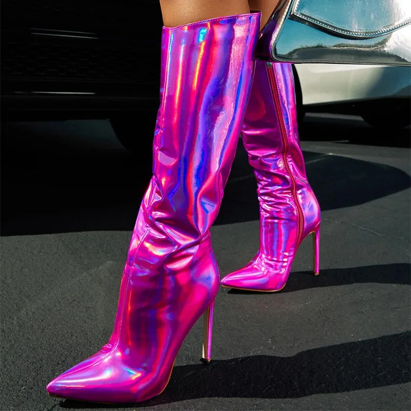 Bottes en cuir holographiques - Kf sc fdbb d e b b ccdcea c di bottes au genou en cuir m tallique pour femmes bottes pointues sexy talons aiguilles de cm - Tenue de festival