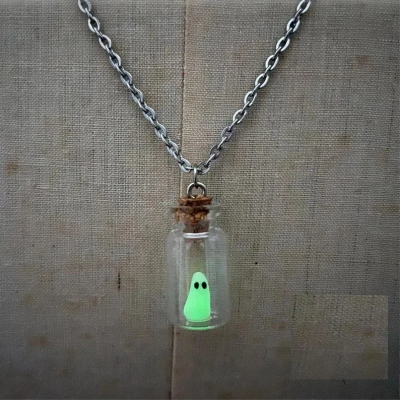 Phosphorescent Ghost in a Bottle Necklace - Kf sde c dc eb d ebfv boucles d oreilles collier fant me halloween drifting bottle night glow design cr atif chimcartoon mesurost - Tenue de festival