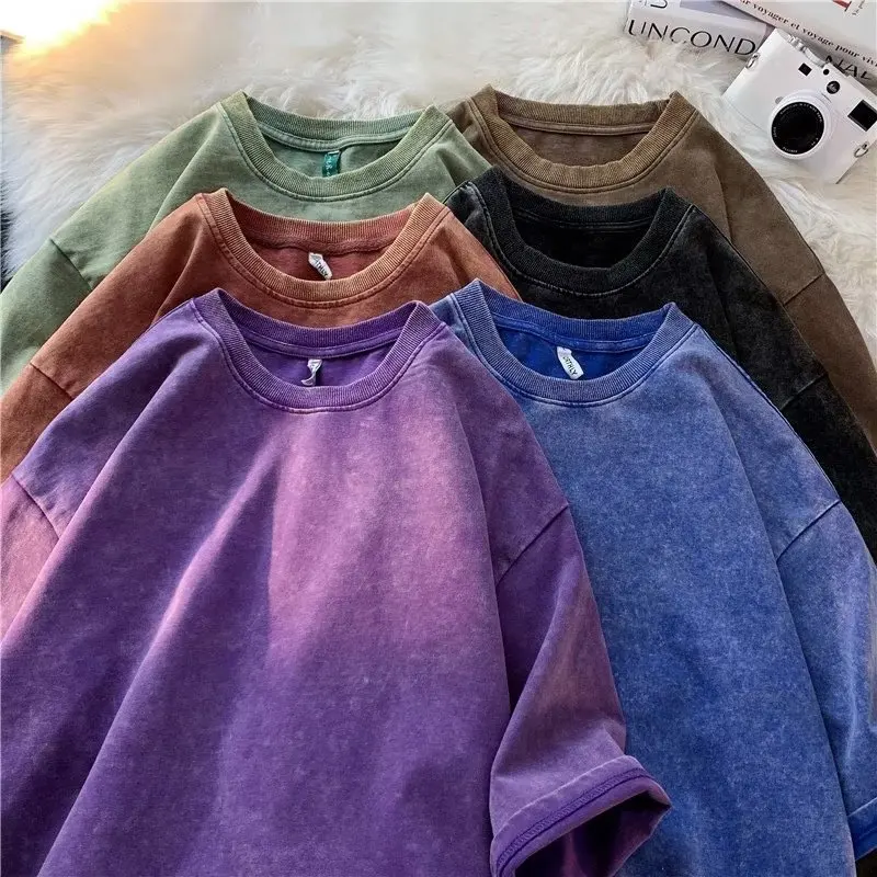 Washed oversized t-shirt - Kf secdcf c be ac t shirt r tro manches courtes pour hommes et femmes style am ricain poids lourd solide - Tenue de festival