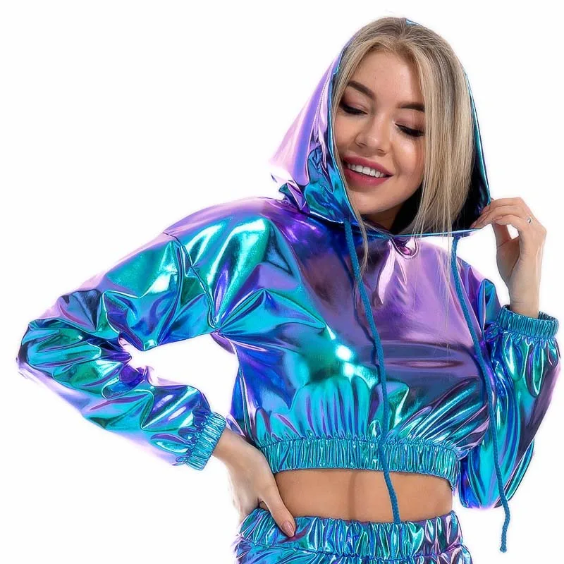 Holographic crop-top hoodie - Kf h d b c d cfa a f sweat shirt holographique court manches longues pour femmes sweat shirt capuche m tallique brillant avec cordon - Tenue de festival