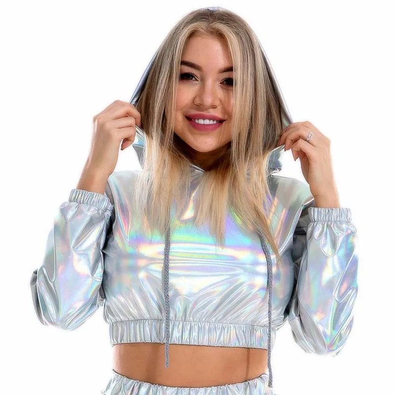 Holographic crop-top hoodie - Kf hfc ebb a f a e d aa f h sweat shirt holographique court manches longues pour femmes sweat shirt capuche m tallique brillant avec cordon - Tenue de festival