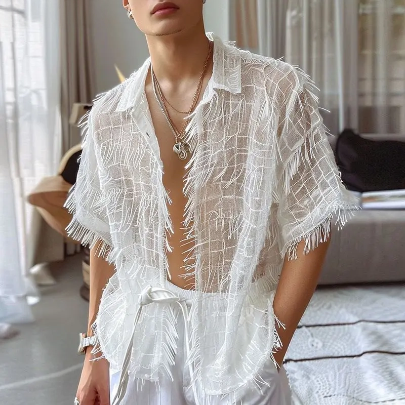 Chemise en mousseline de soie pour homme - Kf s fb e c abd d f eee b fd incerun chemise en mousseline de soie pompons pour hommes revers transparent manches courtes streetwear sexy v - Ropa de festival