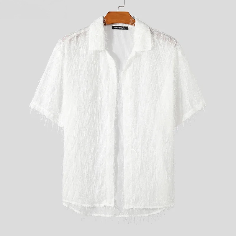 Chemise en mousseline de soie pour homme - Kf sad e acc f e ff d ce d j incerun chemise en mousseline de soie pompons pour hommes revers transparent manches courtes streetwear sexy v - Tenue de festival