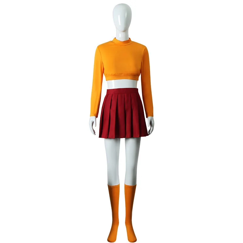 Costume de cosplay "Vera Dinkley" dans Scooby-Doo (avec crop-top) - Kf s ec a d bea a ee c au anime velma seragam cosplay ensemble jupe courte orange kostum uniforme wanita oranye kaus kaki rok atas - Tenue de festival