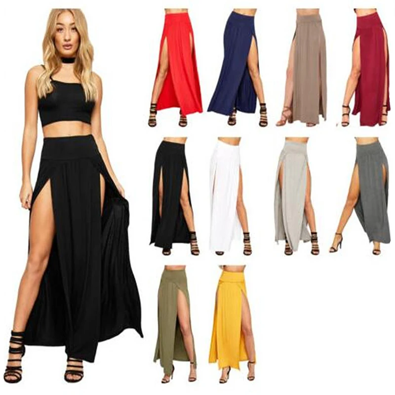 High-waisted long skirt with double slits - Kf sade f cd c b e d f be eb d s jupe longue taille haute double fentes pour femmes sexy couleur unie maxi vente en gros cadeaux - Tenue de festival