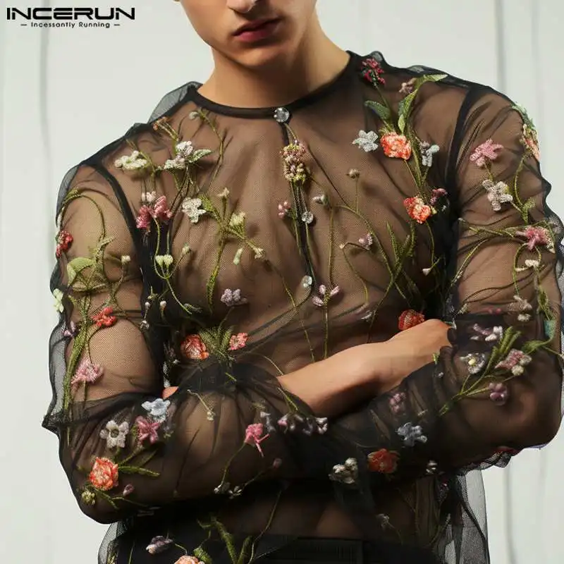 Sleeved T-shirt in transparent mesh with flower embroidery. - Kf sb ba dc c b ebfcbc incerun t shirt manches longues et col rond pour hommes maille transparente broderie streetwear sexy v - Tenue de festival