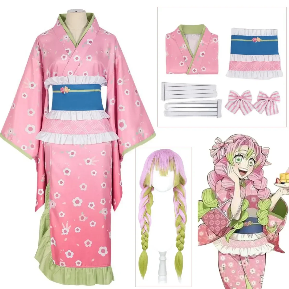 Mitsuri Kanroji Cosplay Costume from Demon Slayer (with Wig) - Kf s ad d c b a bf a a b fu - Tenue de festival