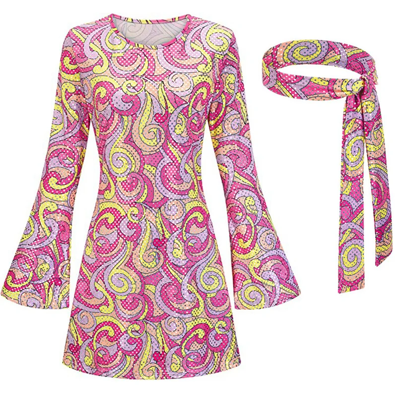 Robe imprimée Hippy Années 60 - Kf s ca c ceb be e ec ecf j robe imprim e hippy pour femme robe midi bande de sauna p che amour halloween carnaval - Ropa de festival