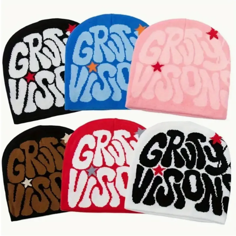 Bonnet “GROTS VISION” Streetwear Y2K - Kf s e a feb fd f b cd u bonnets gothiques en jacquard y k pour hommes et femmes bonnets respirants tricots lastiques bonnet t te - Tenue de festival